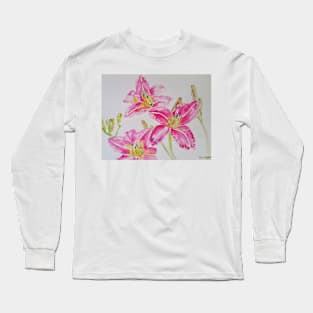 Pink Lily Flower Watercolor Painting Pattern Long Sleeve T-Shirt